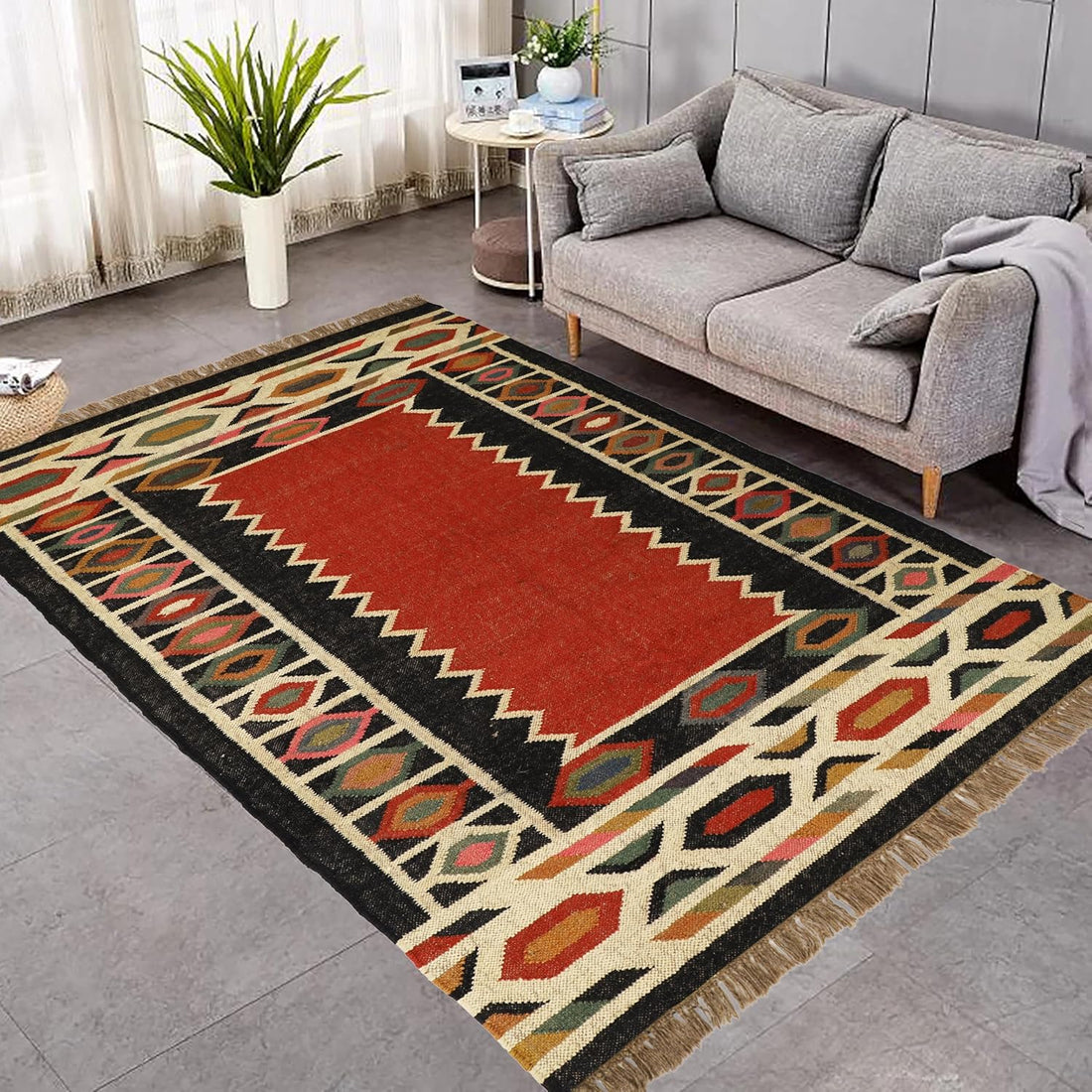 Handwoven Kilim Wool Jute Rug Geometric Pattern, Non-Slip, Versatile for Living, Bedroom & Kids Room