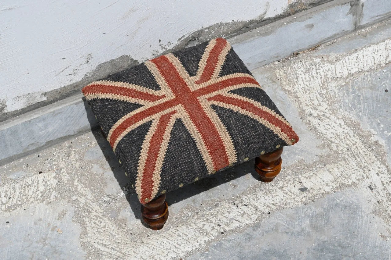 Handmade Union Jack Kilim Ottoman Footstool | Wool Jute Upholstered British Flag Pouf Stool with Solid Wooden Legs for Living Room