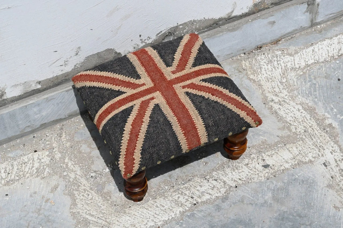 Handmade Union Jack Kilim Ottoman Footstool | Wool Jute Upholstered British Flag Pouf Stool with Solid Wooden Legs for Living Room