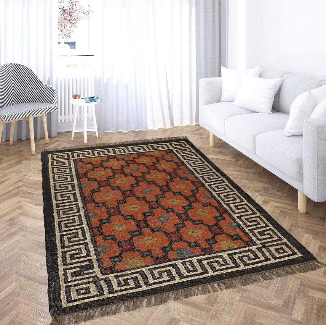 Handwoven Kilim Wool Jute Rug Geometric Pattern, Non-Slip, Versatile for Living, Bedroom & Kids Room