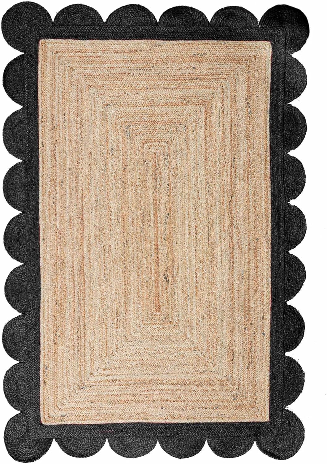 Indian Handmade Jute Braided Rectangle Rug with Custom Color Scalloped Border – Bohemian Home Décor