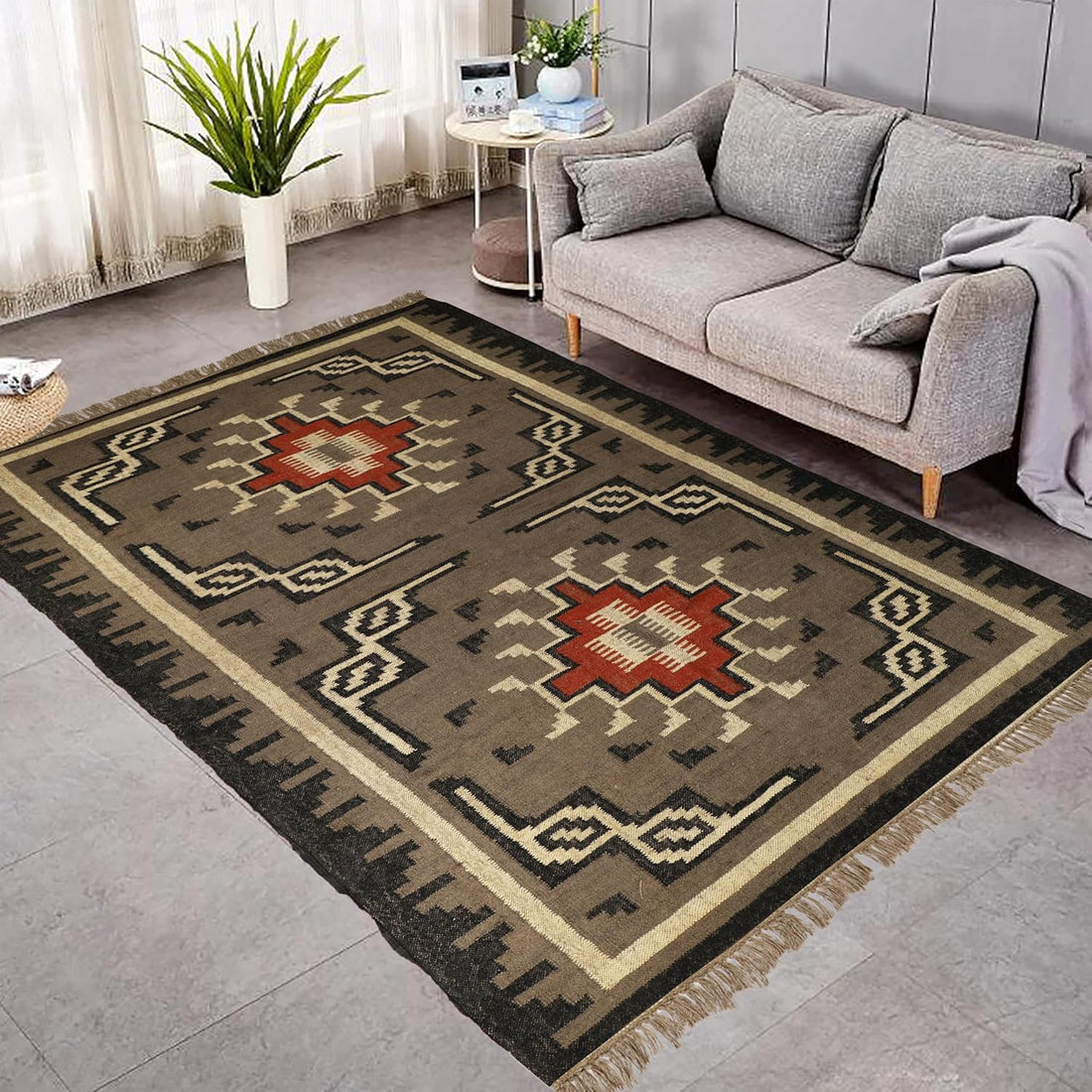 Handwoven Kilim Wool Jute Rug Geometric Pattern, Non-Slip, Versatile for Living, Bedroom & Kids Room