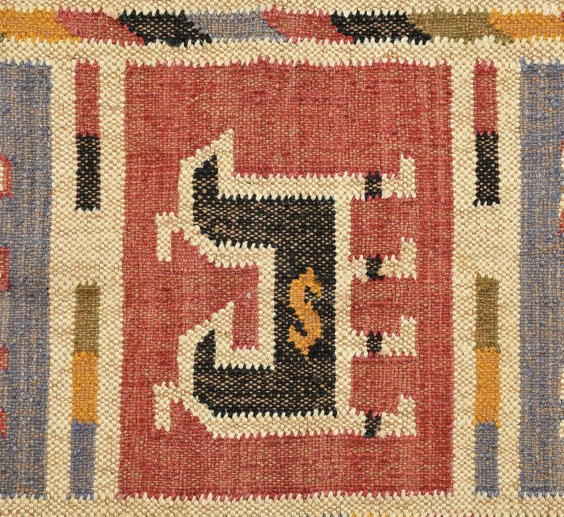 Handwoven Rajasthani Wool Jute Kilim Rug – Tribal Animal Motif Carpet in Rust Red, Mustard & Indigo 8X10 FEET