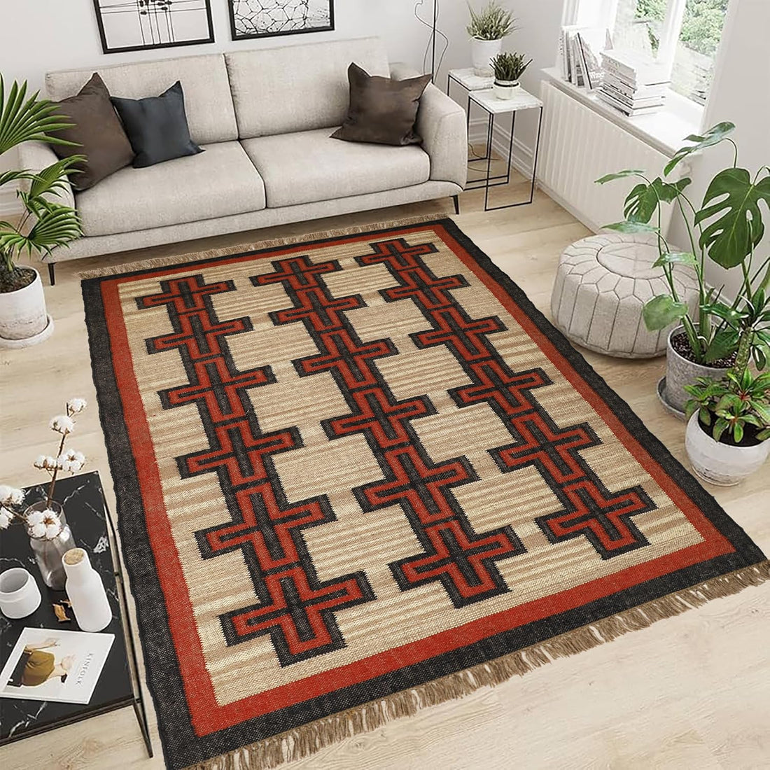 Handwoven Kilim Wool Jute Rug Geometric Pattern, Non-Slip, Versatile for Living, Bedroom & Kids Room