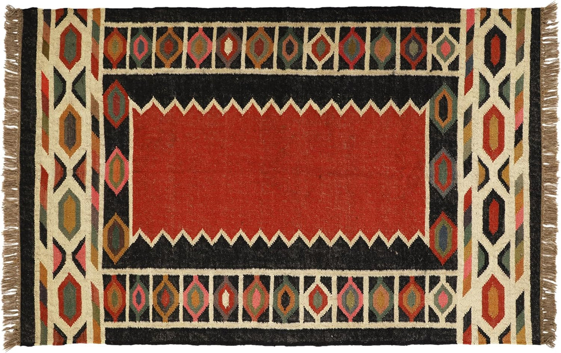 Handwoven Kilim Wool Jute Rug Geometric Pattern, Non-Slip, Versatile for Living, Bedroom & Kids Room