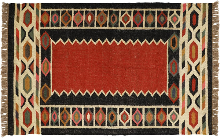 Handwoven Kilim Wool Jute Rug Geometric Pattern, Non-Slip, Versatile for Living, Bedroom & Kids Room