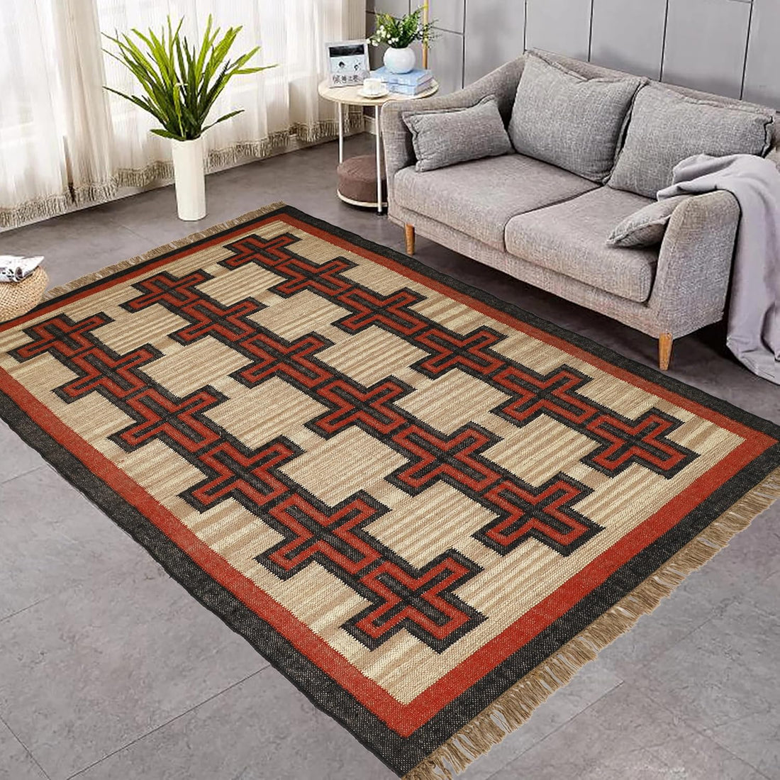 Handwoven Kilim Wool Jute Rug Geometric Pattern, Non-Slip, Versatile for Living, Bedroom & Kids Room