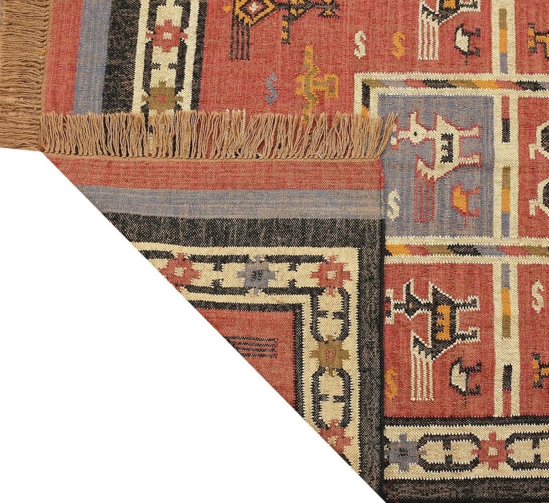 Handwoven Rajasthani Wool Jute Kilim Rug – Tribal Animal Motif Carpet in Rust Red, Mustard & Indigo 8X10 FEET