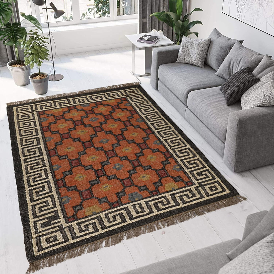 Handwoven Kilim Wool Jute Rug Geometric Pattern, Non-Slip, Versatile for Living, Bedroom & Kids Room
