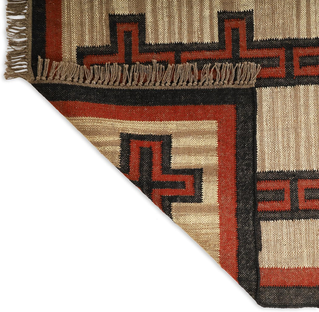 Handwoven Kilim Wool Jute Rug Geometric Pattern, Non-Slip, Versatile for Living, Bedroom & Kids Room