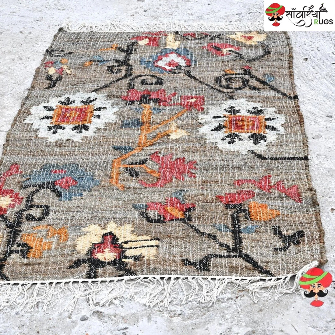 Handmade Black Floral Jute Cotton Area Rug