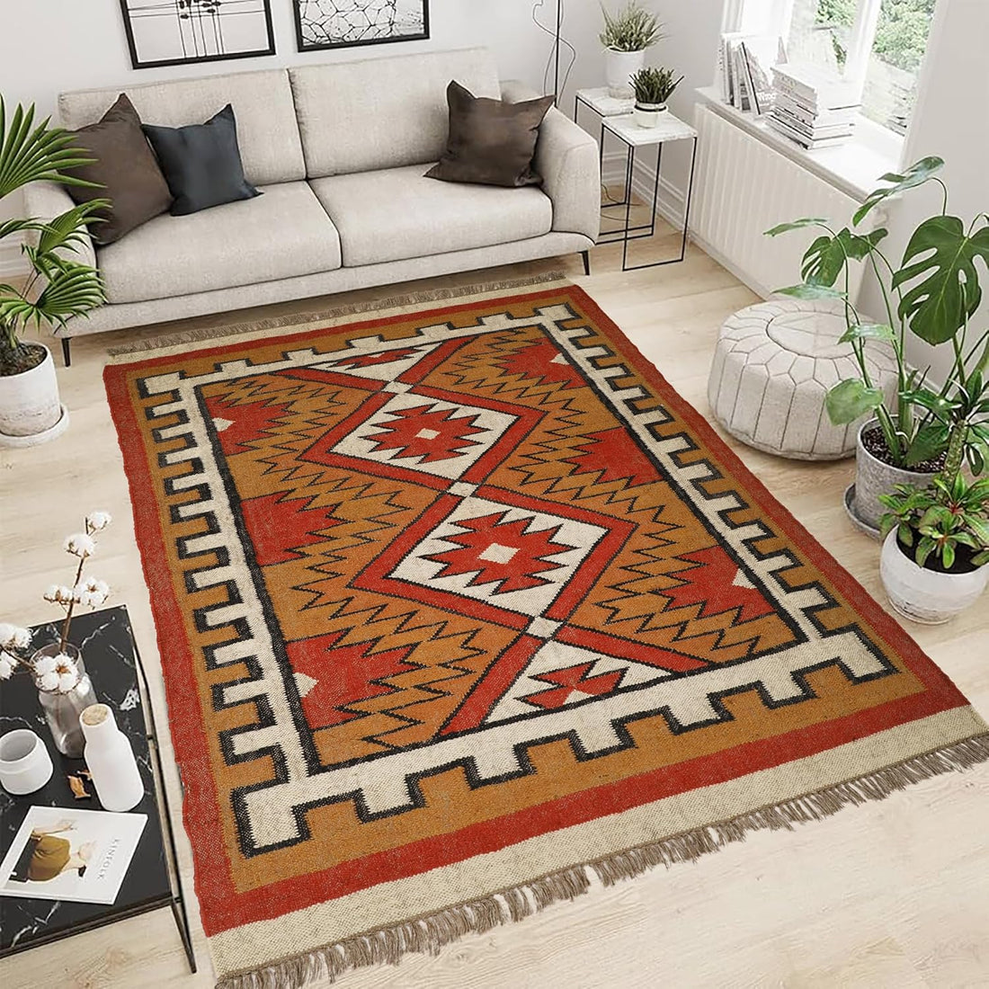 Handwoven Kilim Wool Jute Rug Geometric Pattern, Non-Slip, Versatile for Living, Bedroom & Kids Room