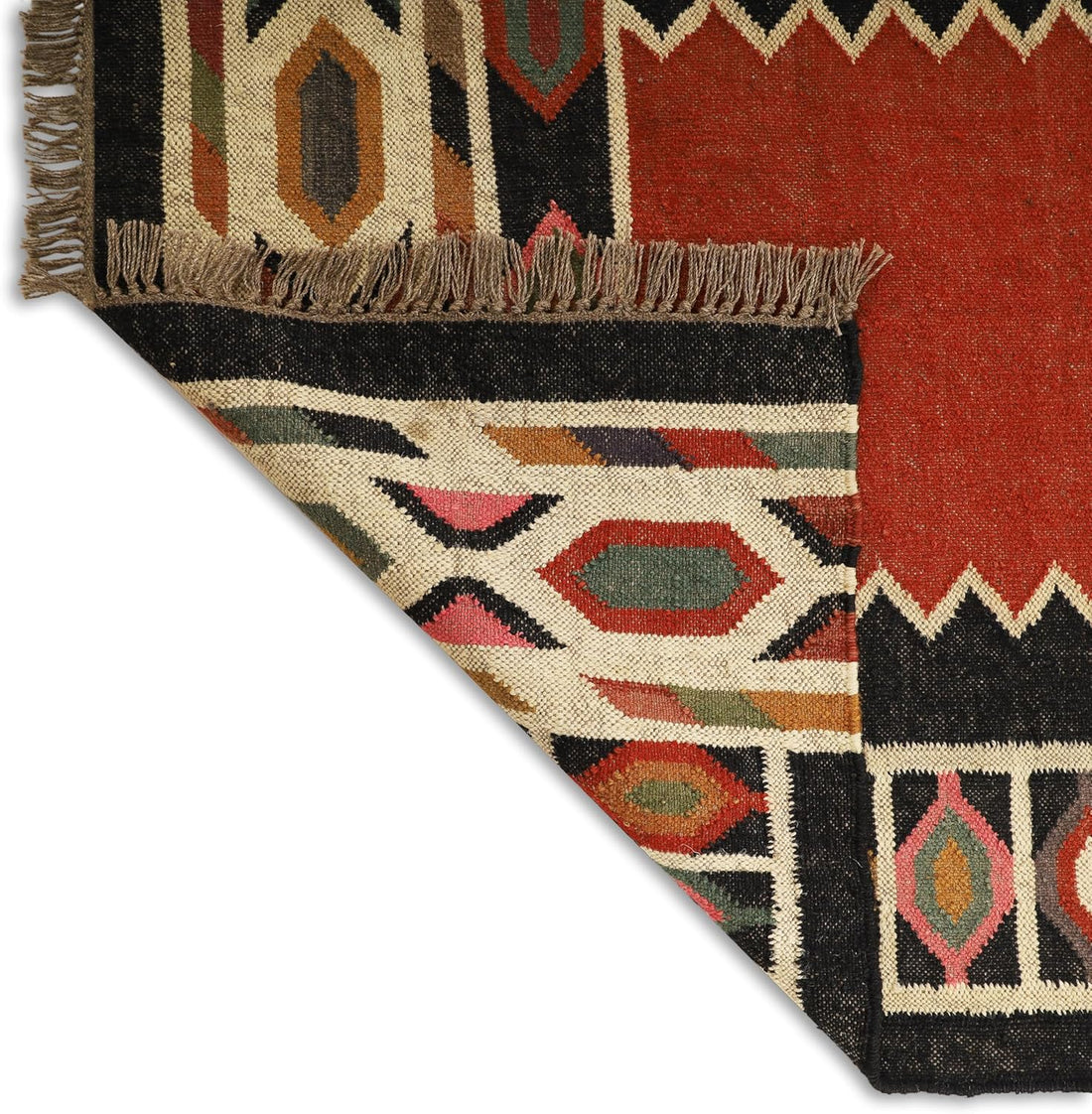Handwoven Kilim Wool Jute Rug Geometric Pattern, Non-Slip, Versatile for Living, Bedroom & Kids Room
