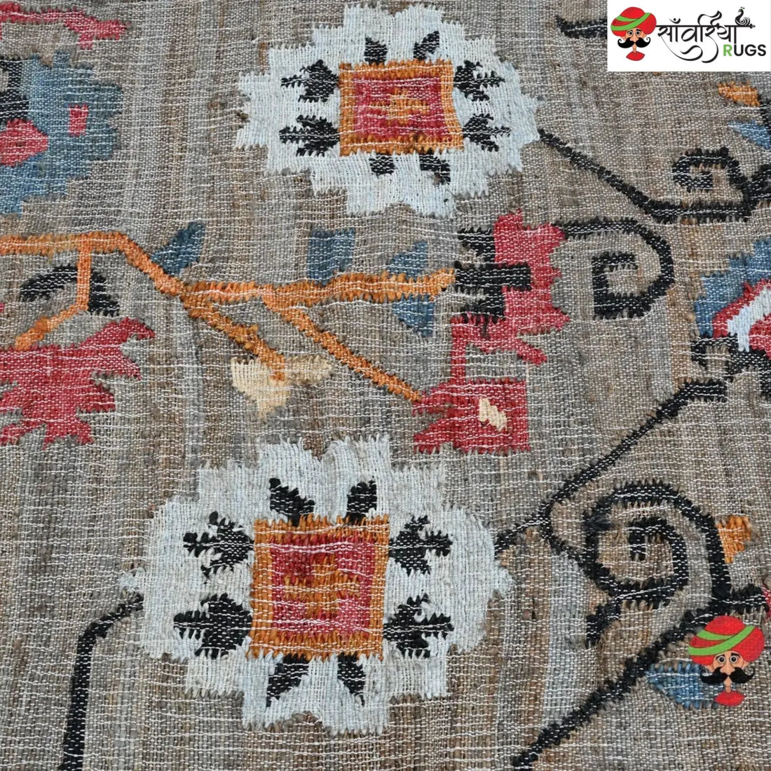 Handmade Black Floral Jute Cotton Area Rug