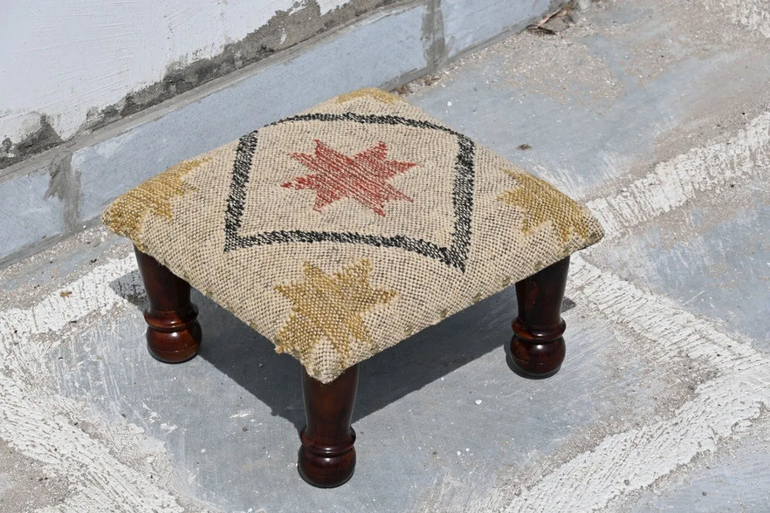 Handmade Southwestern Star Kilim Ottoman Footstool | Wool Jute Upholstered Accent Stool with Solid Wooden Legs & Tribal Design