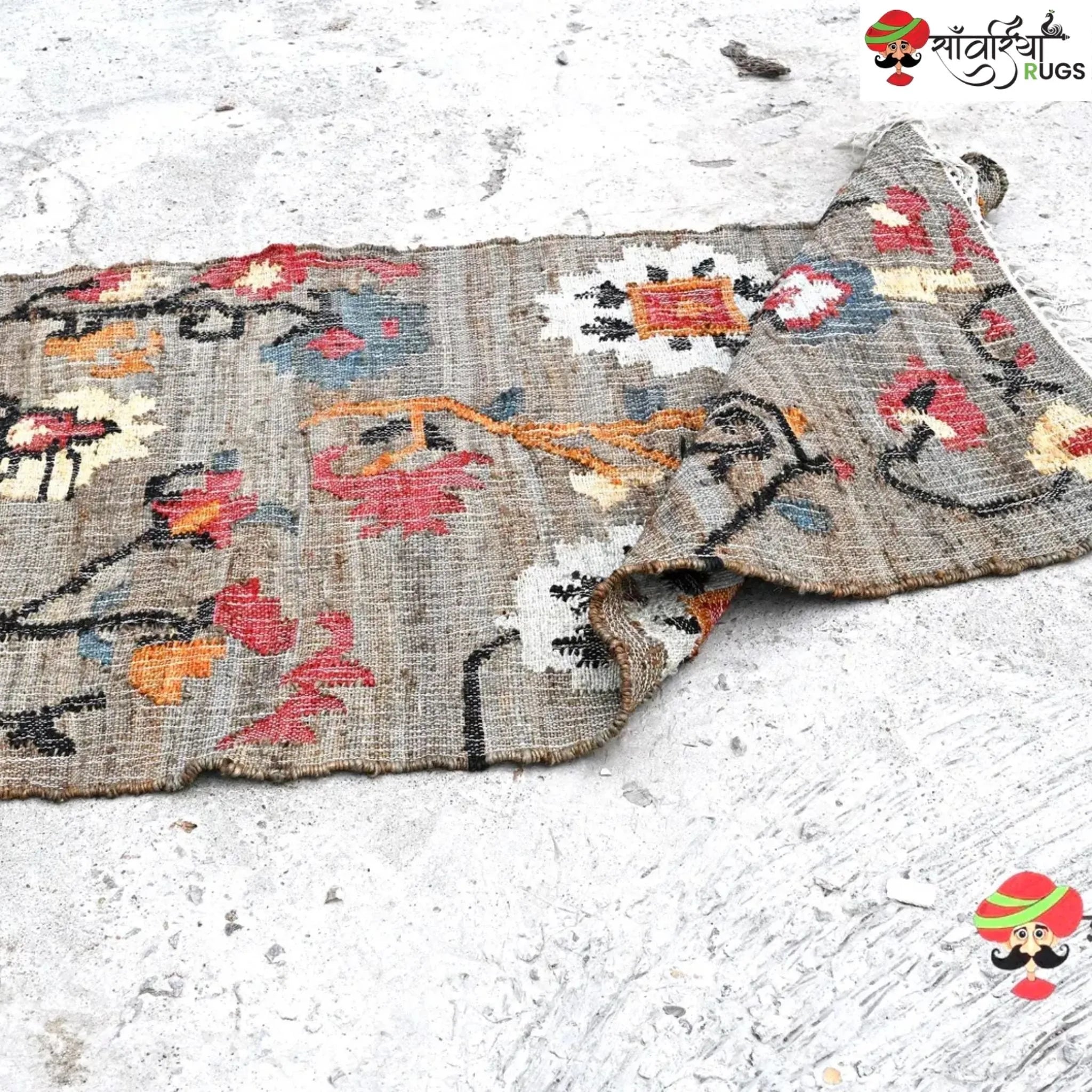 Handmade Black Floral Jute Cotton Area Rug