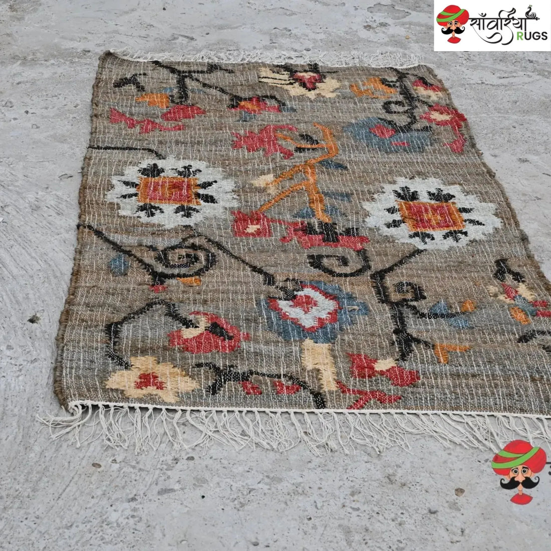 Handmade Black Floral Jute Cotton Area Rug