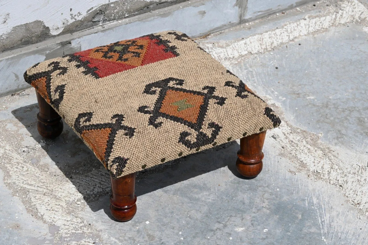 Handmade Southwestern Kilim Ottoman Footstool | Wool Jute Upholstered Tribal Accent Stool with Solid Wooden Legs for Living Room