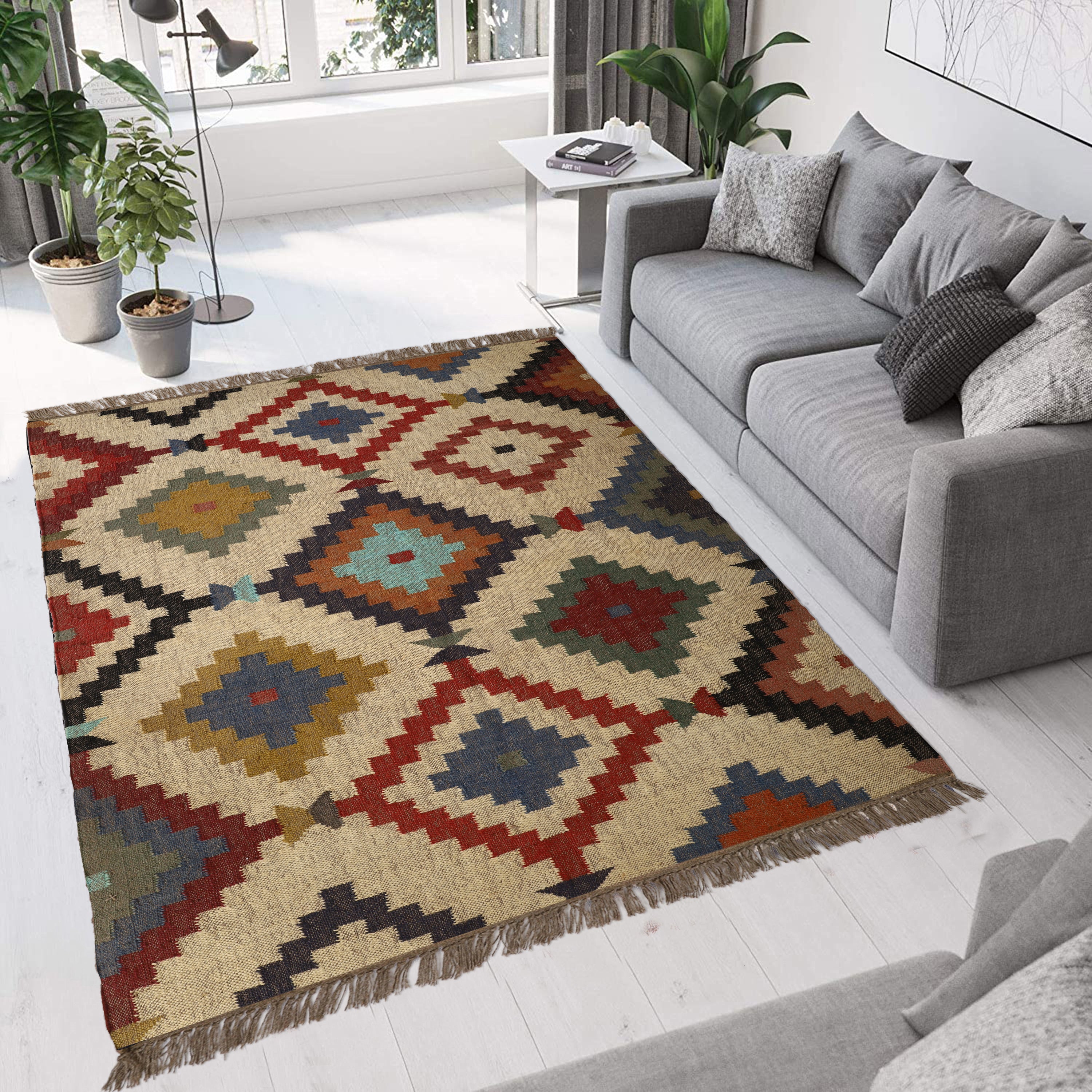 Multicolor Kilim Wool Jute Rug – Tribal Geometric Style