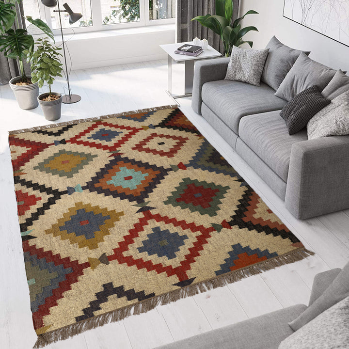 Multicolor Kilim Wool Jute Rug – Tribal Geometric Style