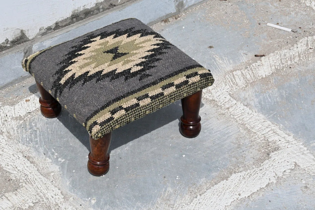 Handmade Sage Green Kilim Ottoman Footstool | Wool Jute Upholstered Tribal Accent Stool with Solid Wooden Legs for Living Room