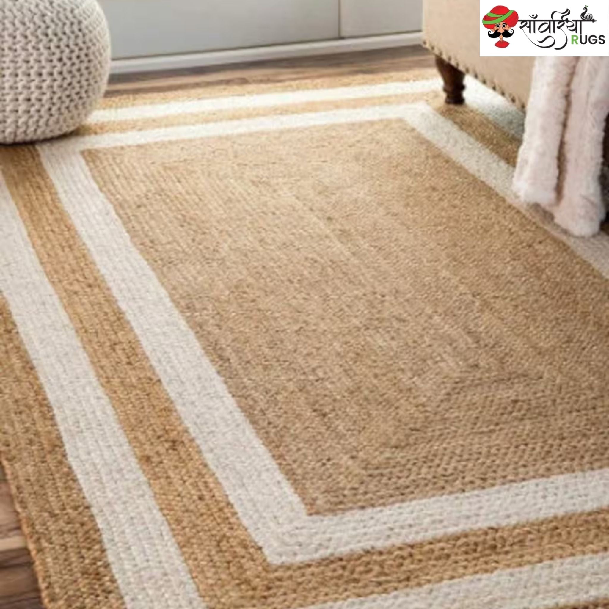 Handwoven Jute Rug with Framed Border – Black & White Area Rug