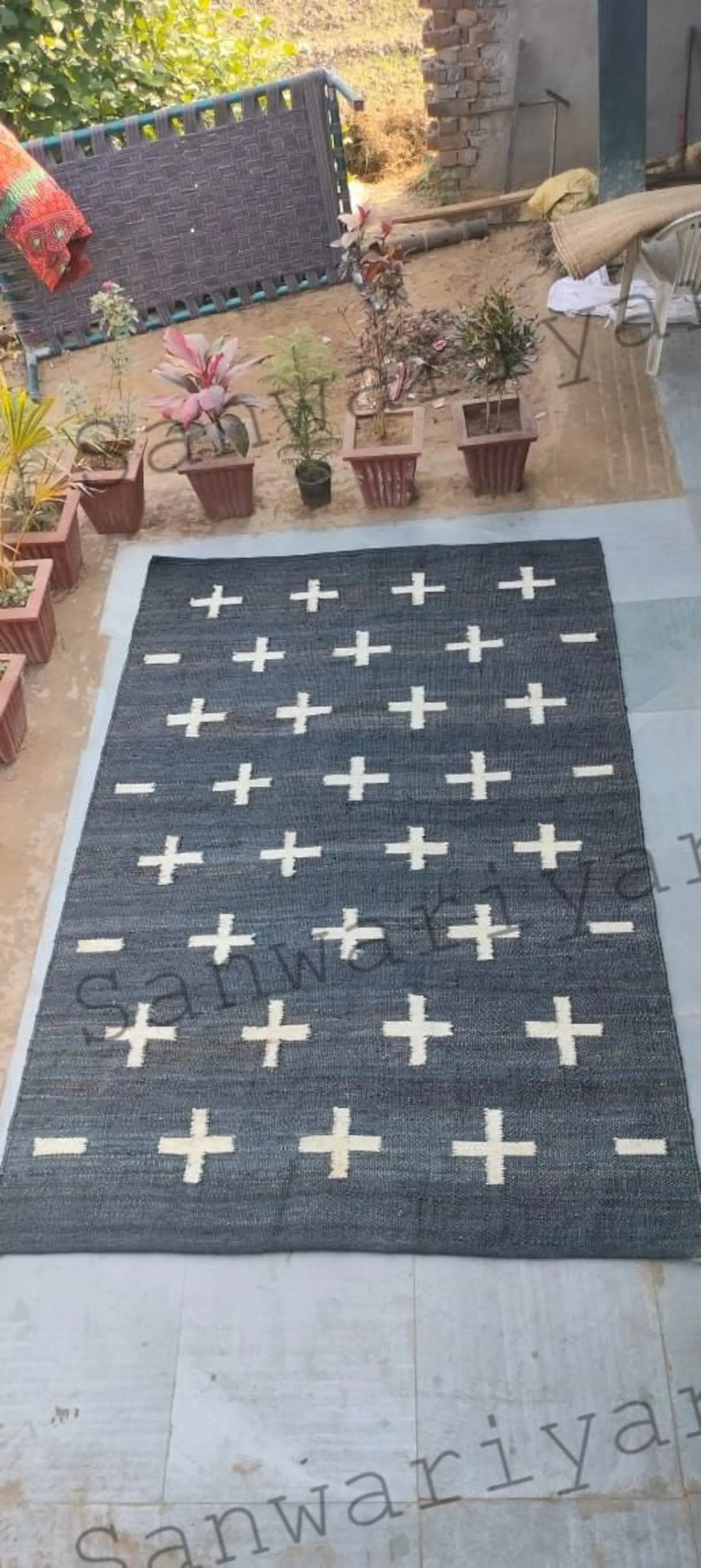 Handwoven Black Jute Area Rug – Plus Cross Design