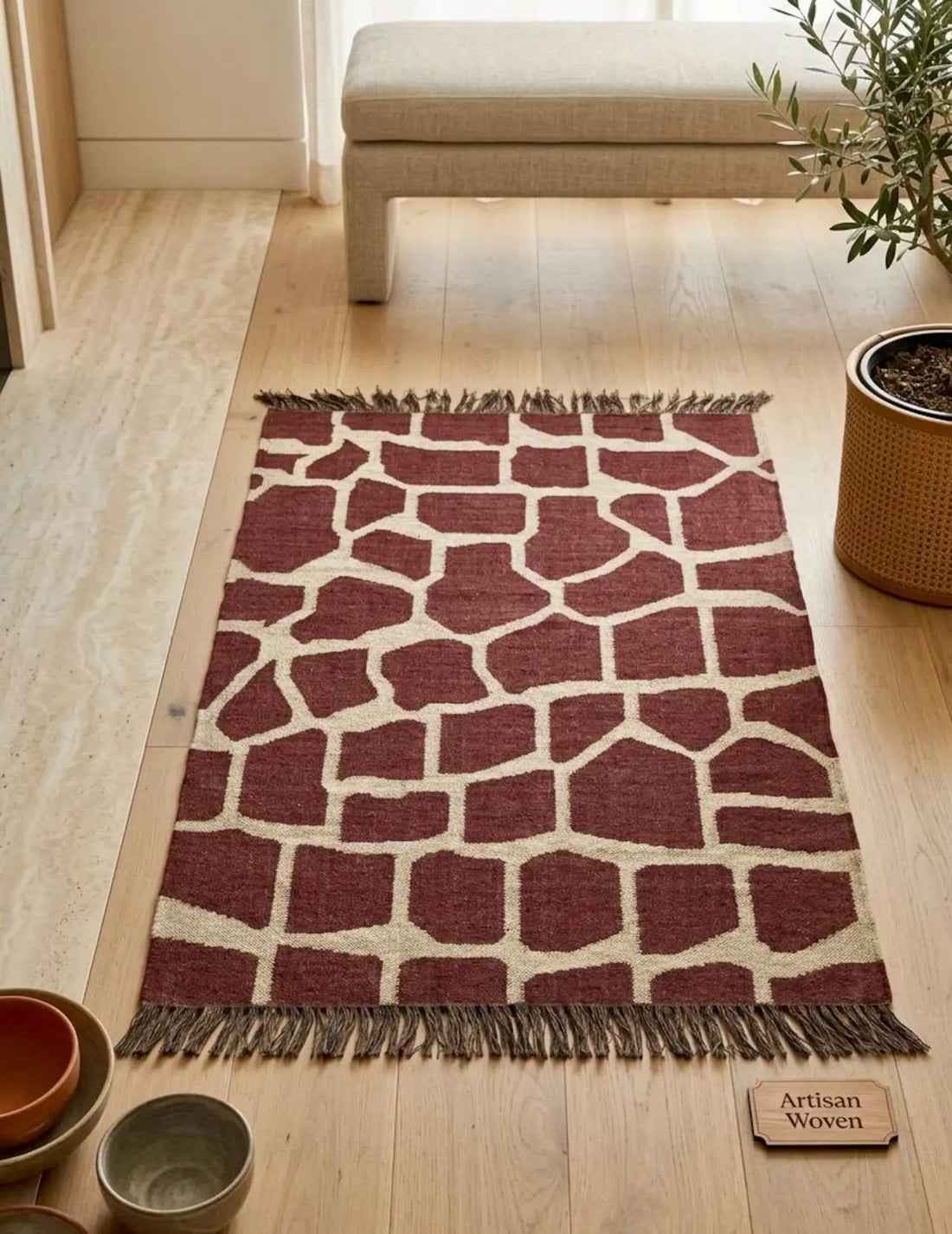 Handwoven Giraffe Print Wool Jute Rug | Modern Safari Flatweave Area Rug | Handmade Boho Kilim Carpet | Brown Neutral Living Room Rug