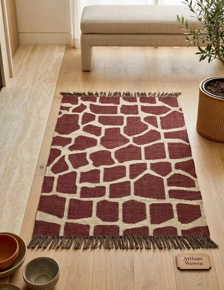 Handwoven Giraffe Print Wool Jute Rug | Modern Safari Flatweave Area Rug | Handmade Boho Kilim Carpet | Brown Neutral Living Room Rug