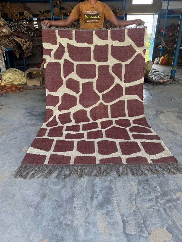 Handwoven Giraffe Print Wool Jute Rug | Modern Safari Flatweave Area Rug | Handmade Boho Kilim Carpet | Brown Neutral Living Room Rug