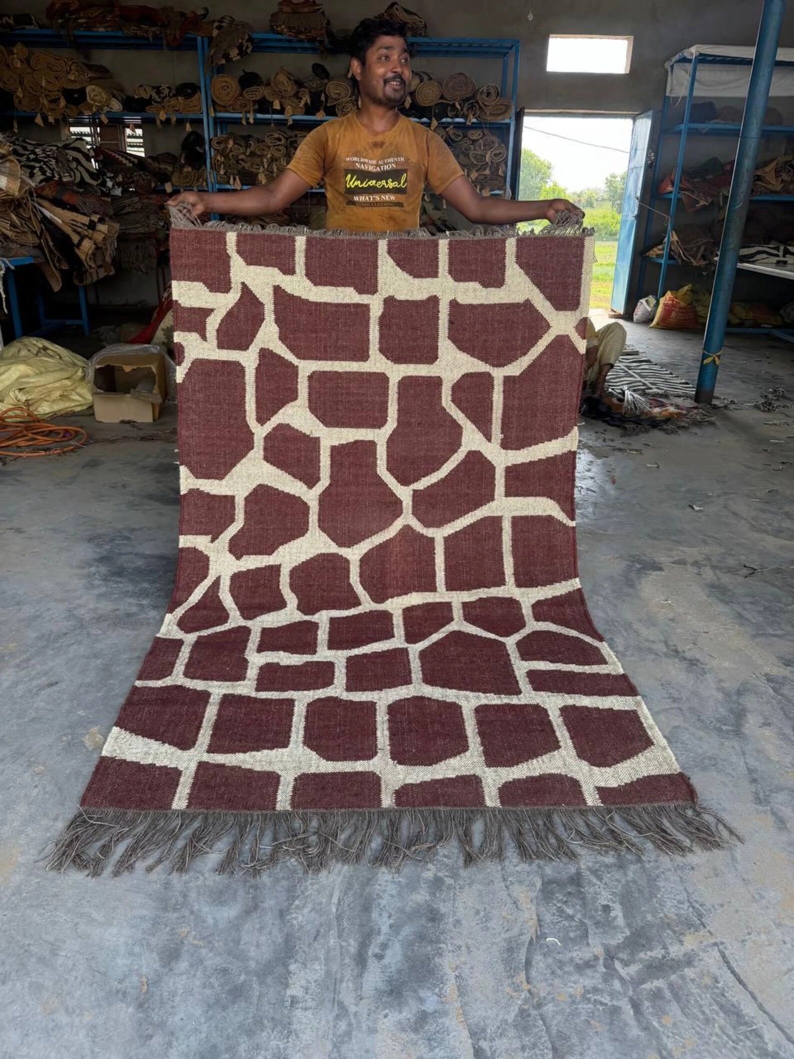 Handwoven Giraffe Print Wool Jute Rug | Modern Safari Flatweave Area Rug | Handmade Boho Kilim Carpet | Brown Neutral Living Room Rug