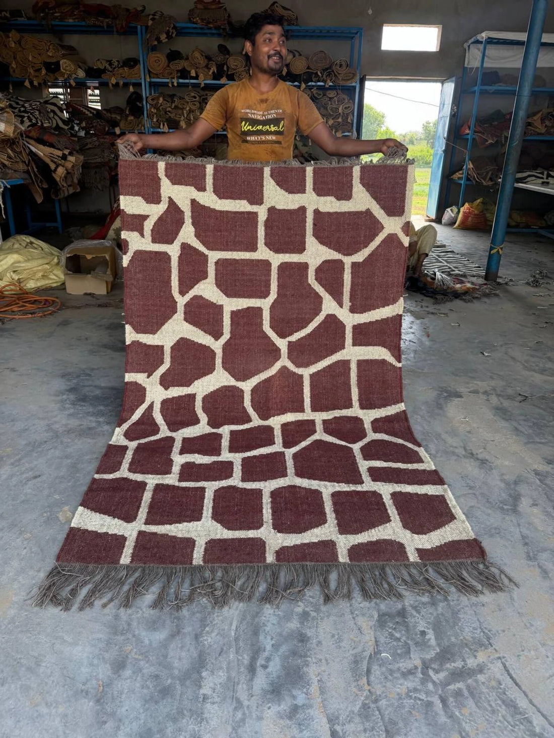 Handwoven Giraffe Print Wool Jute Rug | Modern Safari Flatweave Area Rug | Handmade Boho Kilim Carpet | Brown Neutral Living Room Rug