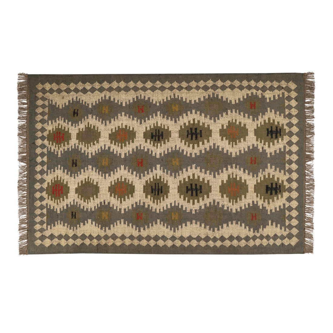 Kilim wool jute rug, handwoven with a tribal geometric pattern and fringe