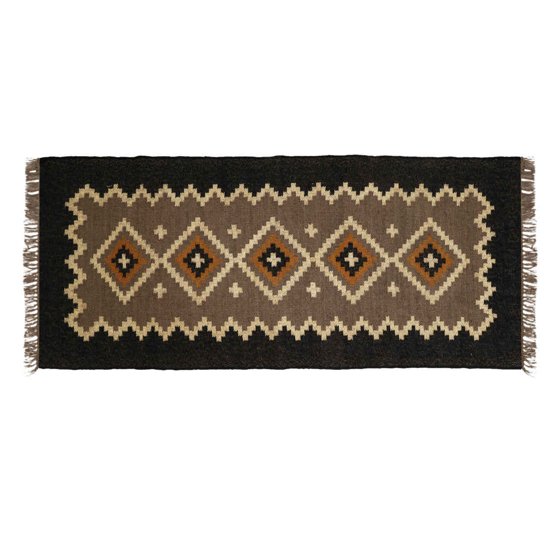 Handwoven Wool Jute Kilim Runner – Oriental Indian Geometric Dhurrie Style