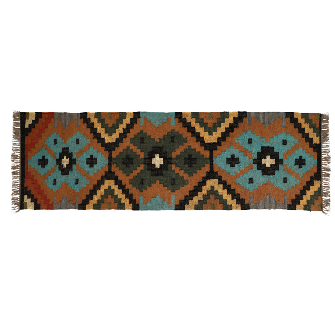 Boho Wool Jute Kilim Runner Rug – Handmade Geometric Pattern Hallway Runner
