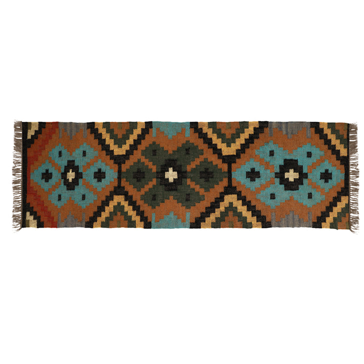 Boho Wool Jute Kilim Runner Rug – Handmade Geometric Pattern Hallway Runner