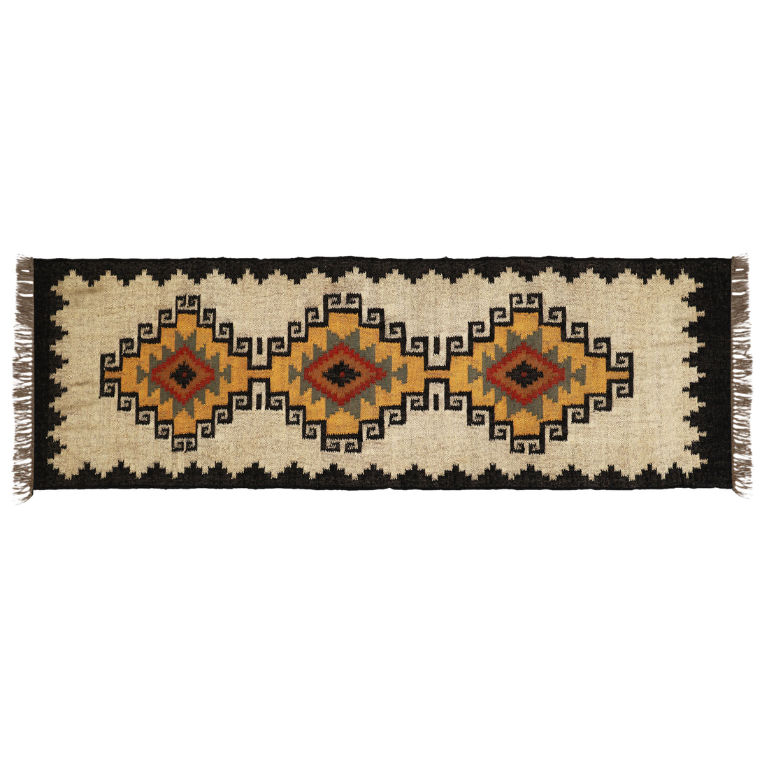 Handwoven Wool & Jute Kilim Runner – Traditional Indian Geometric Dhurrie