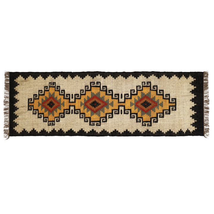 Handwoven Wool & Jute Kilim Runner – Traditional Indian Geometric Dhurrie