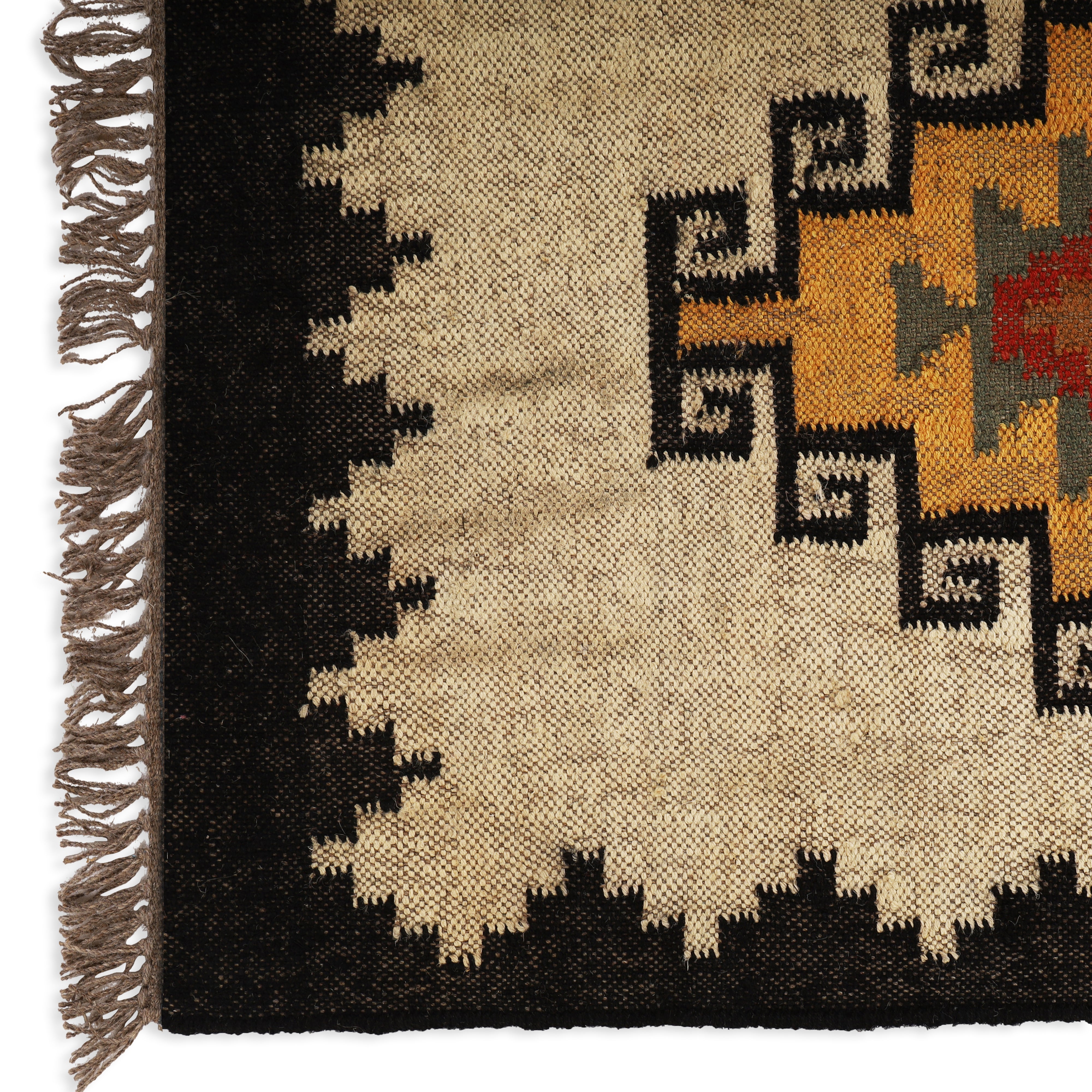 Handwoven Wool & Jute Kilim Runner – Traditional Indian Geometric Dhurrie