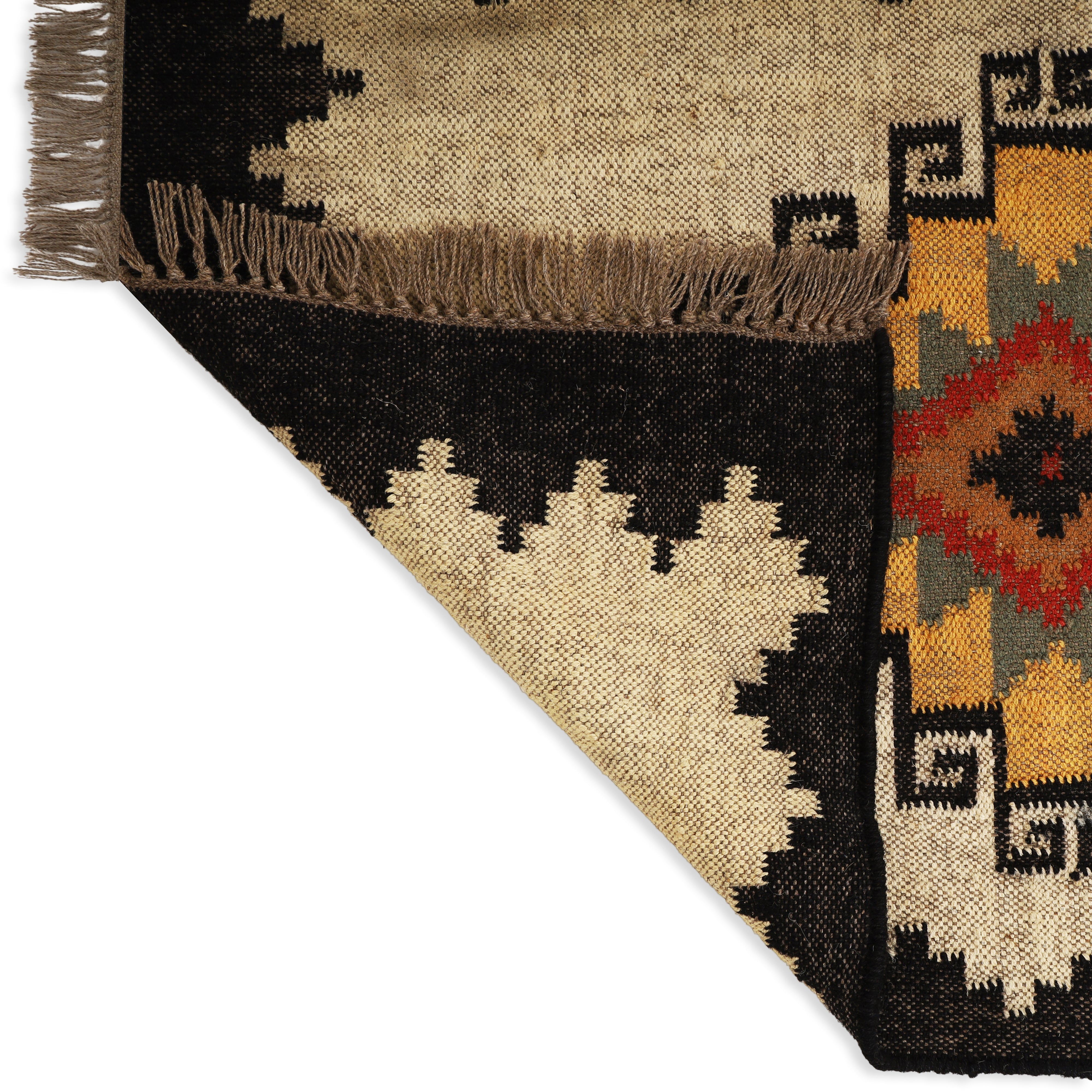 Handwoven Wool & Jute Kilim Runner – Traditional Indian Geometric Dhurrie