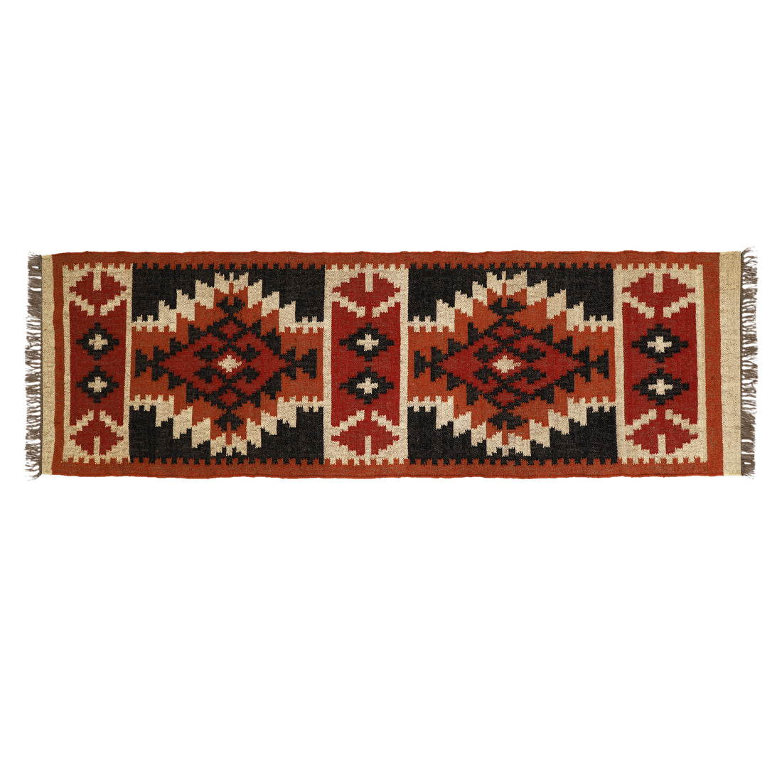 Handwoven Wool Jute Kilim Runner – Oriental Indian Geometric Motifs