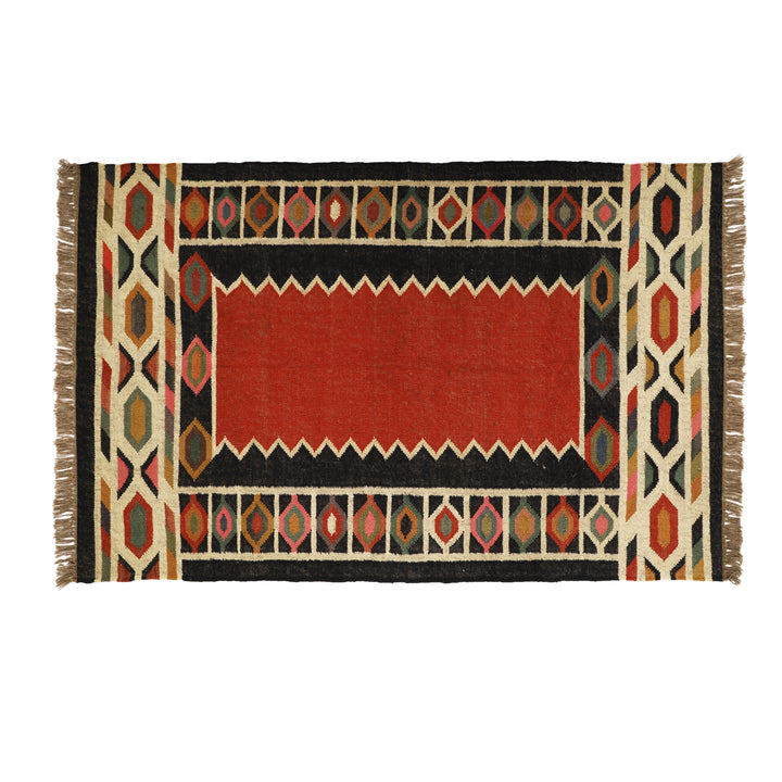Handwoven Wool & Jute Kilim Rug for Red & Black Traditional Indian Interiors