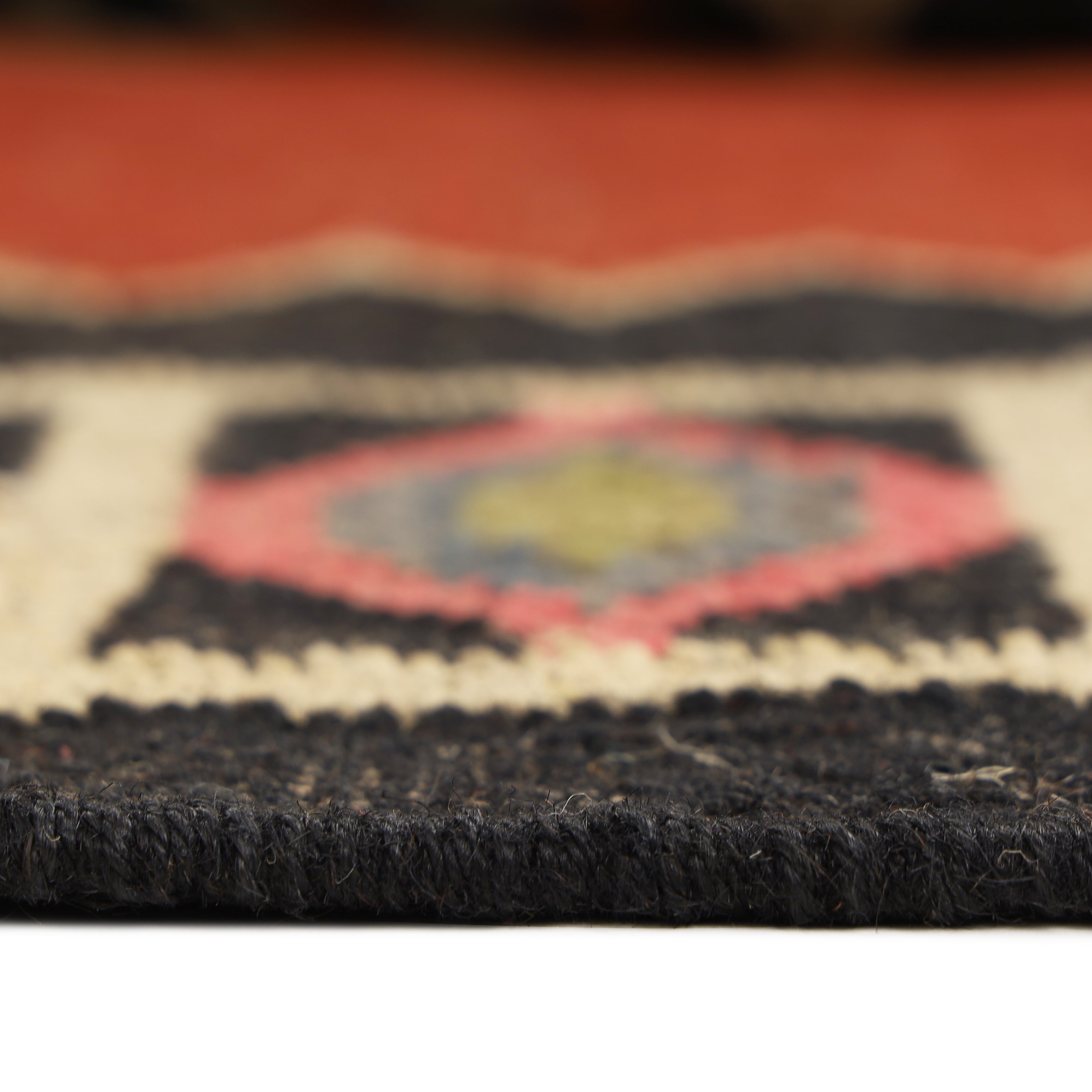 Handwoven Wool & Jute Kilim Rug for Red & Black Traditional Indian Interiors