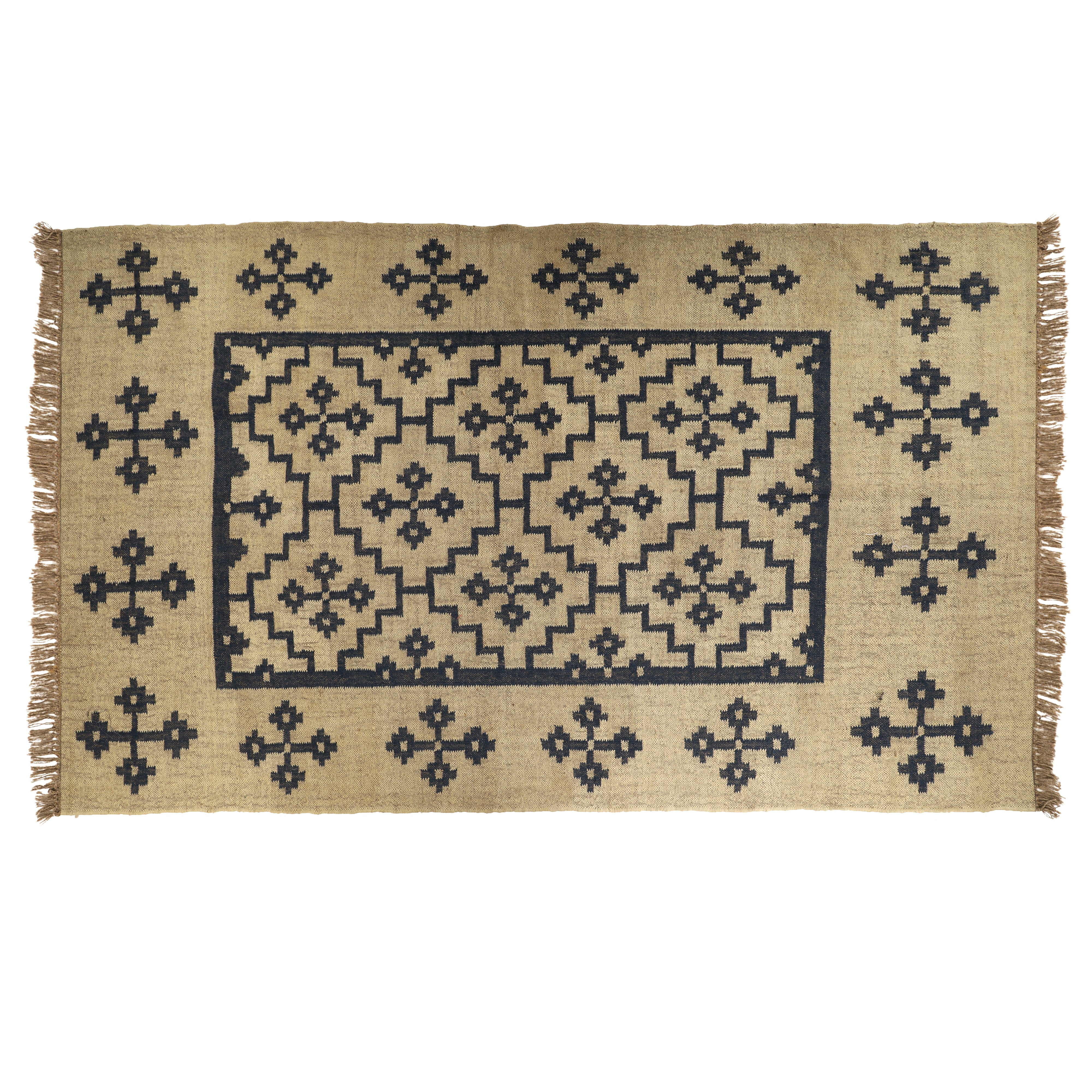 Handmade Wool Jute Kilim Rug for Geometric Indian Dhurrie Interiors