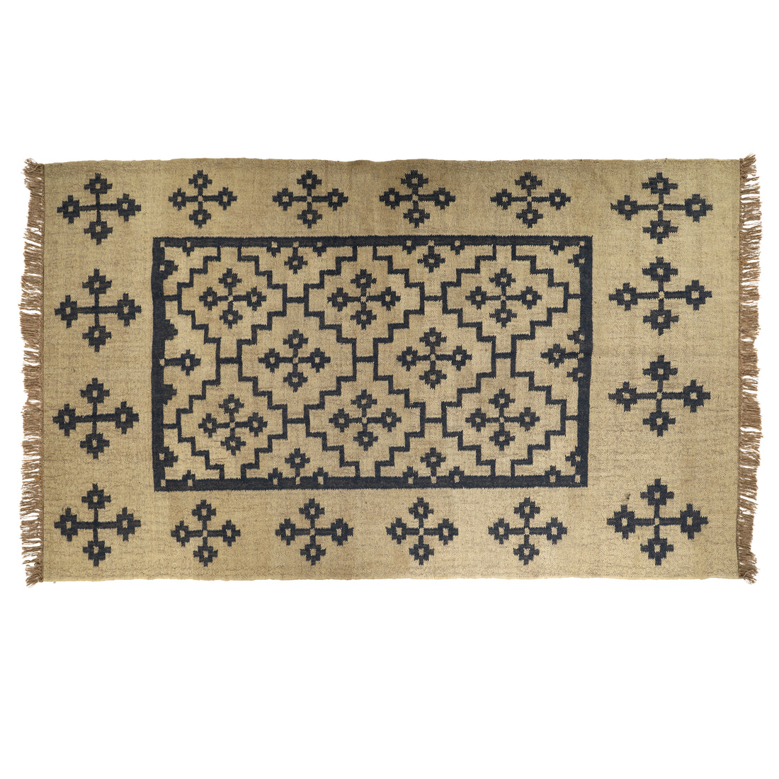 Handmade Wool Jute Kilim Rug for Geometric Indian Dhurrie Interiors