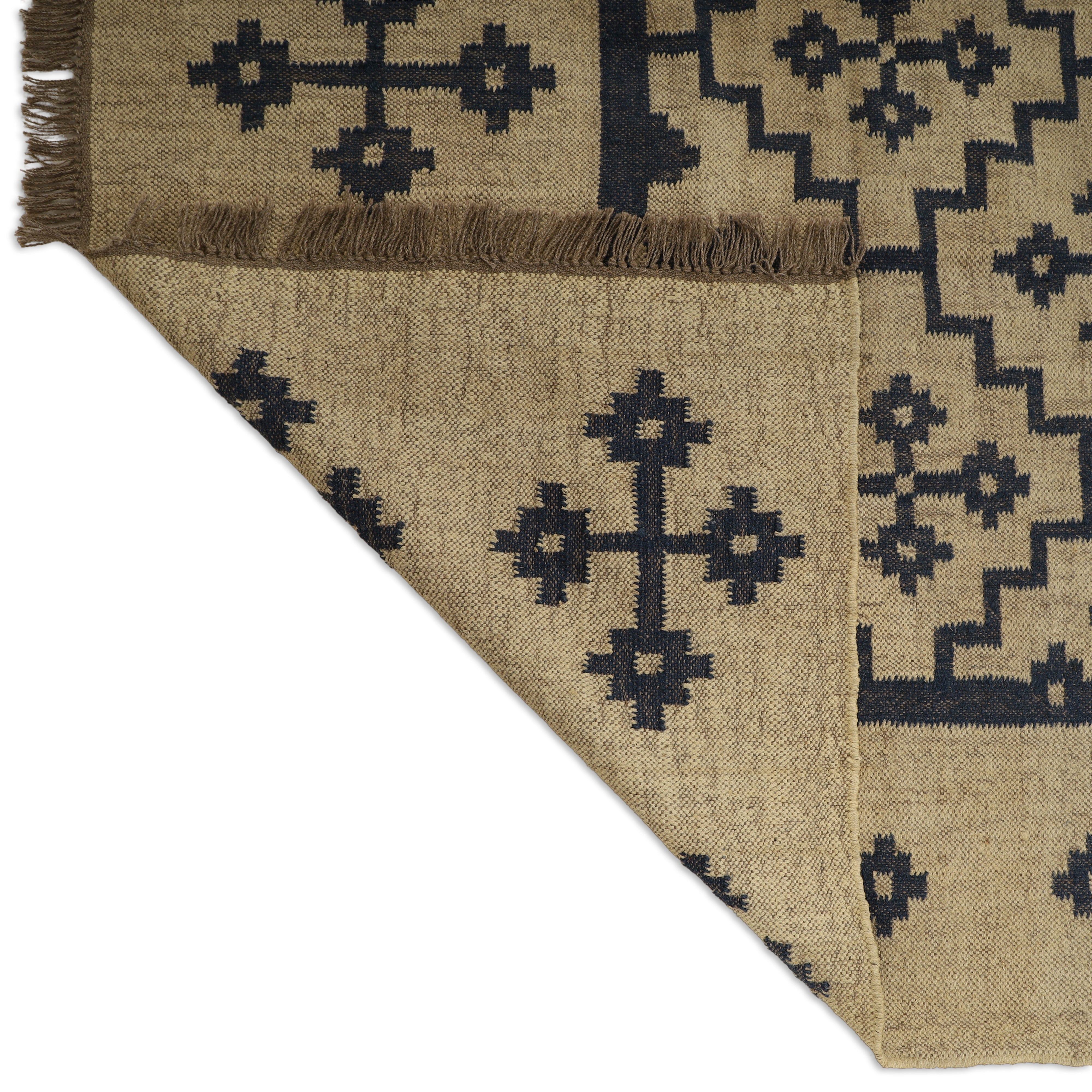 Handmade Wool Jute Kilim Rug for Geometric Indian Dhurrie Interiors