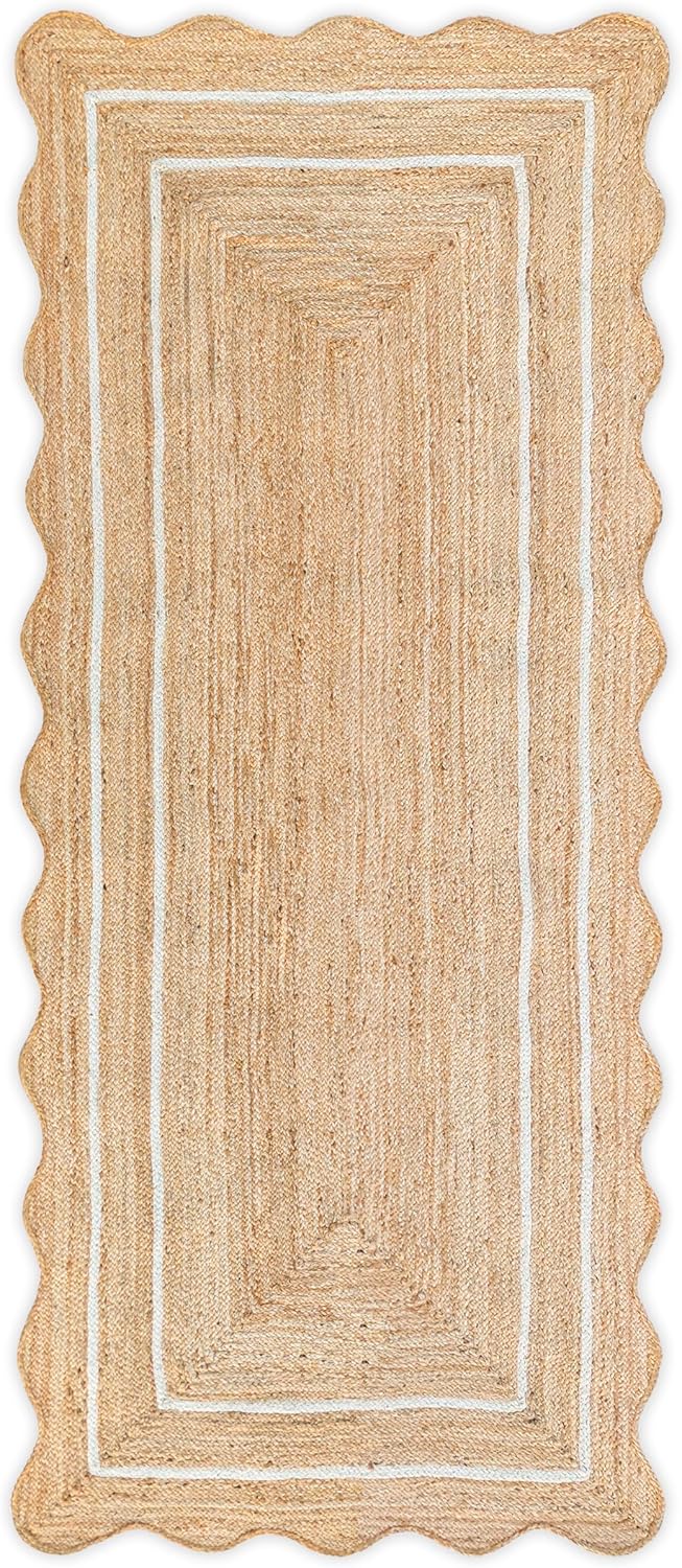 Sanwariya Handwoven Jute Scalloped Rug – Bohemian Decorative, Custom Size, Stain-Resistant