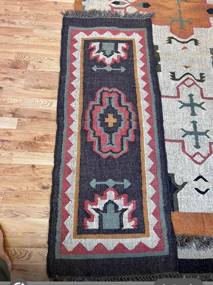 Handwoven Rajasthani Wool Jute Runner Rug – Tribal Kilim Carpet in Black, Rust Red & Sage Green Geometric Pattern 3X11 FEET