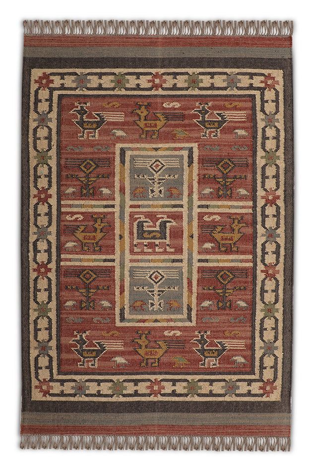 Handwoven Rajasthani Wool Jute Kilim Rug – Tribal Animal Motif Carpet in Rust Red, Mustard & Indigo 8X10 FEET