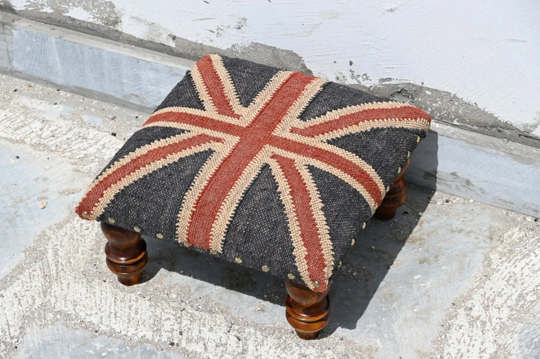 Handmade Union Jack Kilim Ottoman Footstool | Wool Jute Upholstered British Flag Pouf Stool with Solid Wooden Legs for Living Room